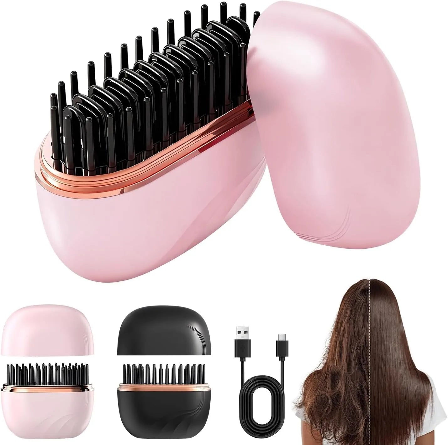 Mini Cordless Hair Straightener Brush – Rechargeable, 3 Heat Settings (160–200°C), Anti-Scald Design, Portable Travel Styling Tool