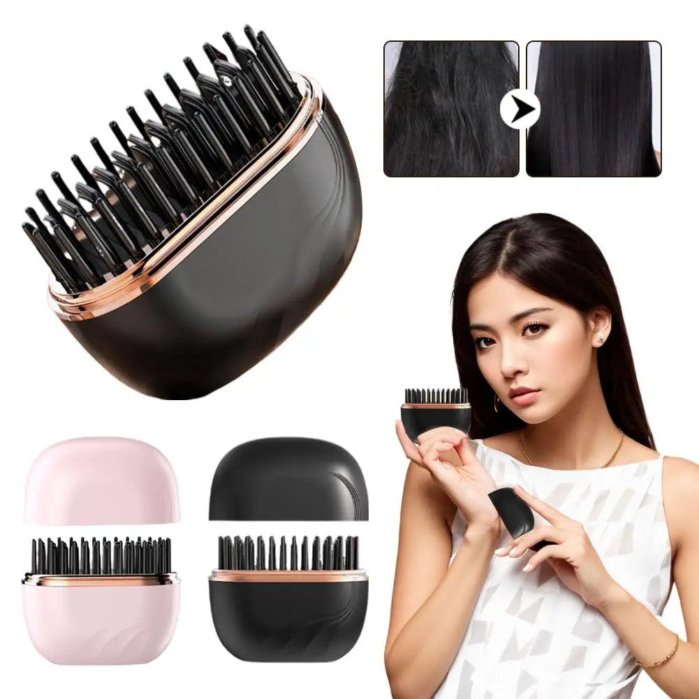Mini Cordless Hair Straightener Brush – Rechargeable, 3 Heat Settings (160–200°C), Anti-Scald Design, Portable Travel Styling Tool