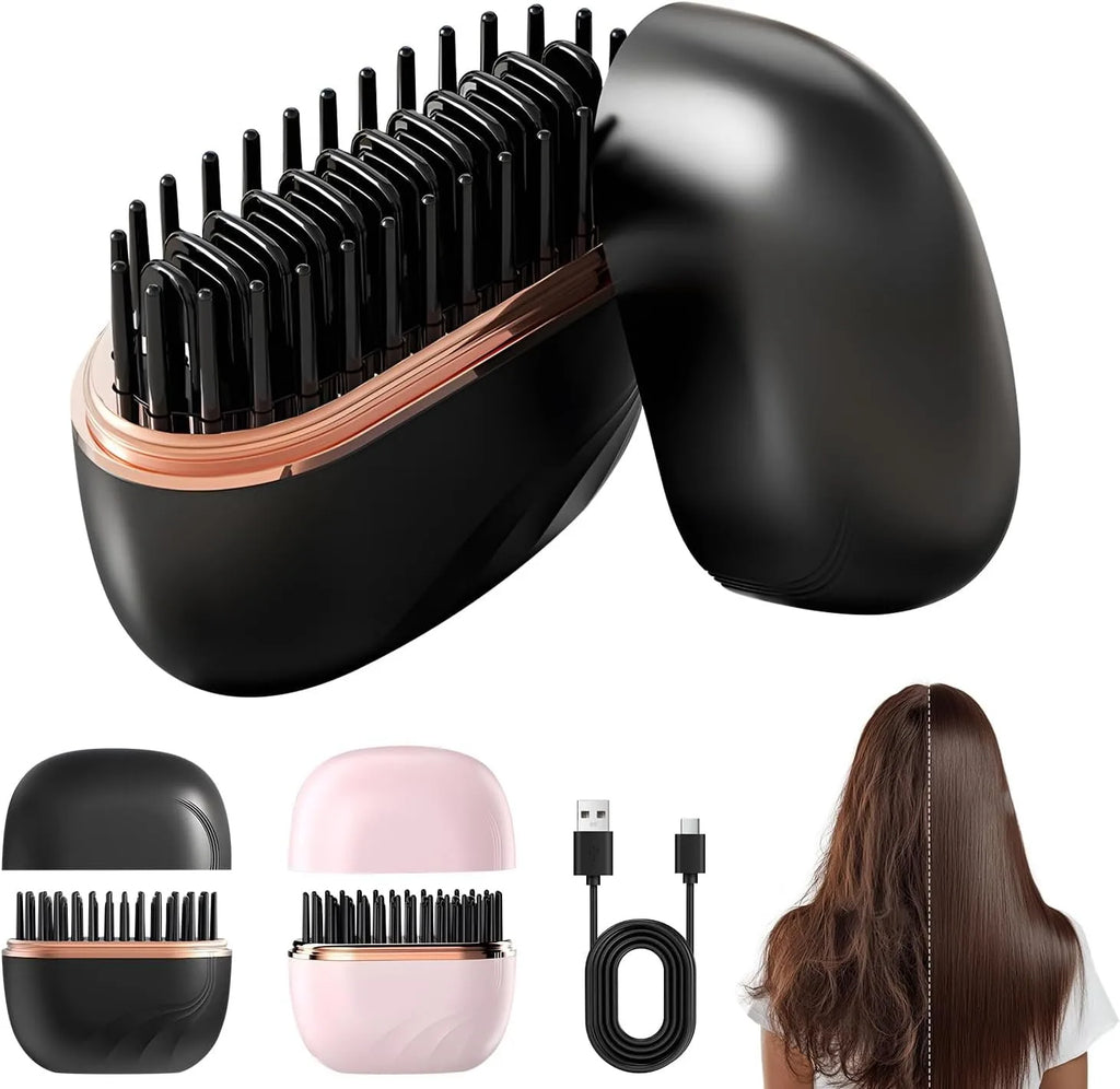 Mini Cordless Hair Straightener Brush – Rechargeable, 3 Heat Settings (160–200°C), Anti-Scald Design, Portable Travel Styling Tool